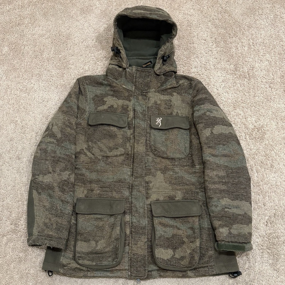Browning Highlands Wool Camo Woodland Hunting Jacket Women Large Hooded Full Zip